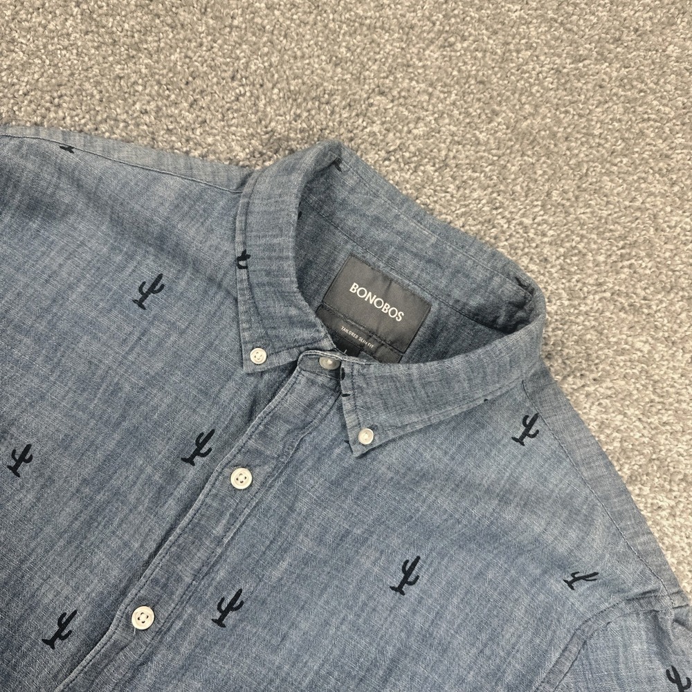 Bonobos Chambray Shirt Men Large Short Tailored Slim Fit Cactus Print